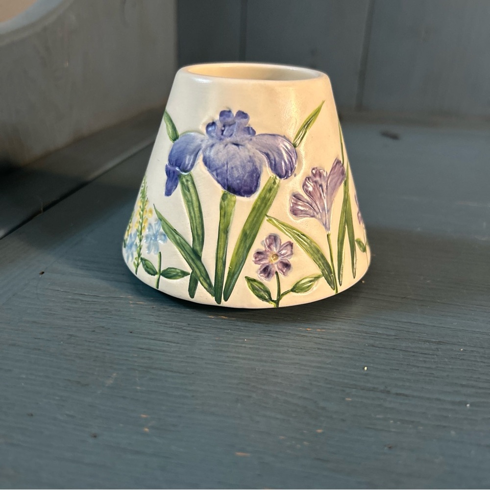 JKL Lavender Purple Iris Pansy Floral Design 5” Large Jar Candle Shade Topper